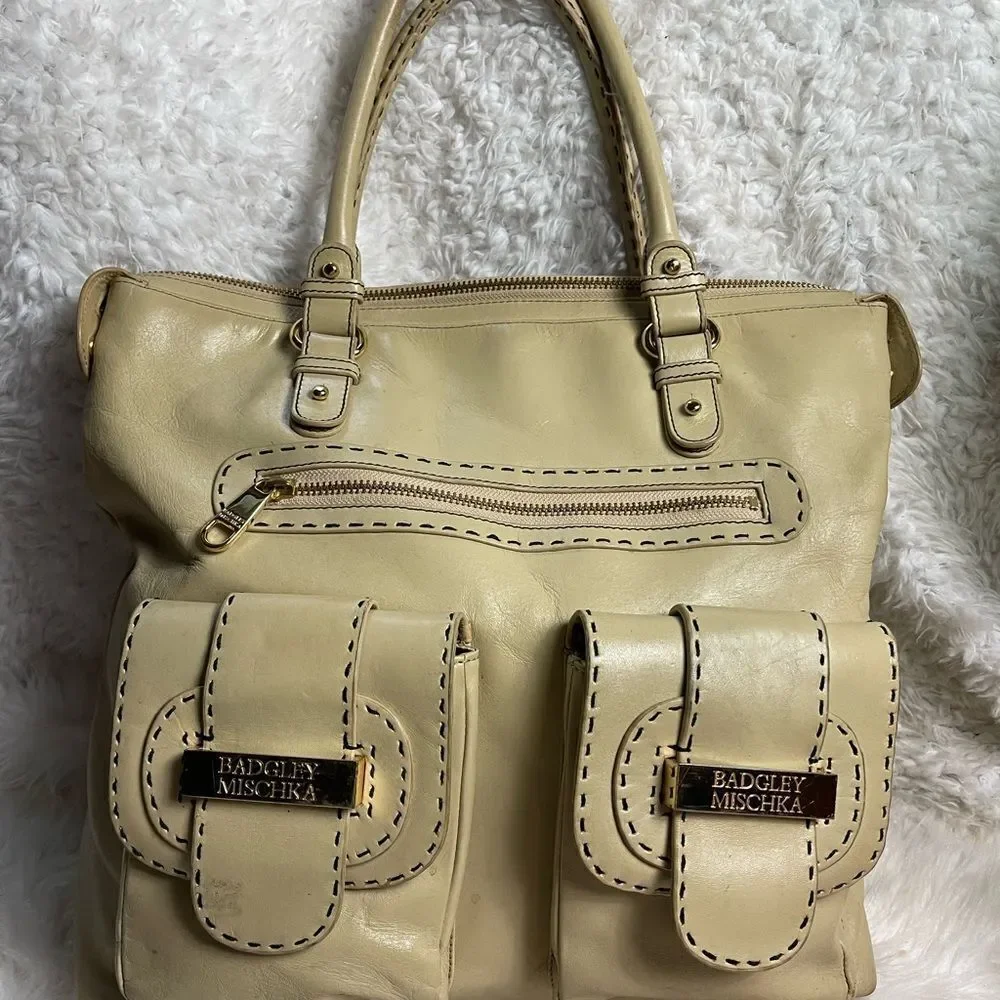 Badgley Mischka leather Beige extra large Satchel gold tone& brown stitch accent